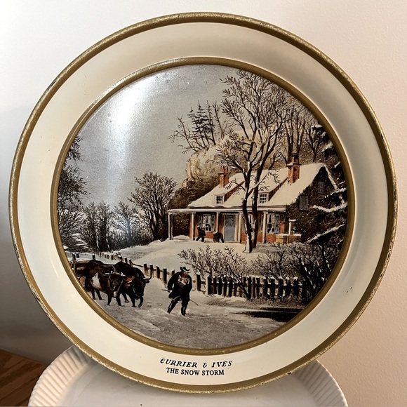 Vintage Currier & Ives Collectible Tin The Snow Storm Winter Scene winter decor - Picture 1 of 10